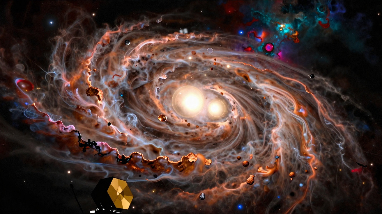Representação artística de galáxia espiral com nebulosas coloridas e duas estrelas brilhantes no centro.