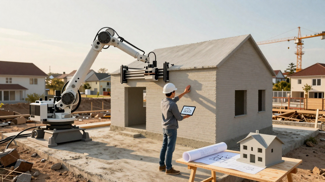 Engenheiro com tablet inspeciona casa impressa em 3D por robô em canteiro de obras.