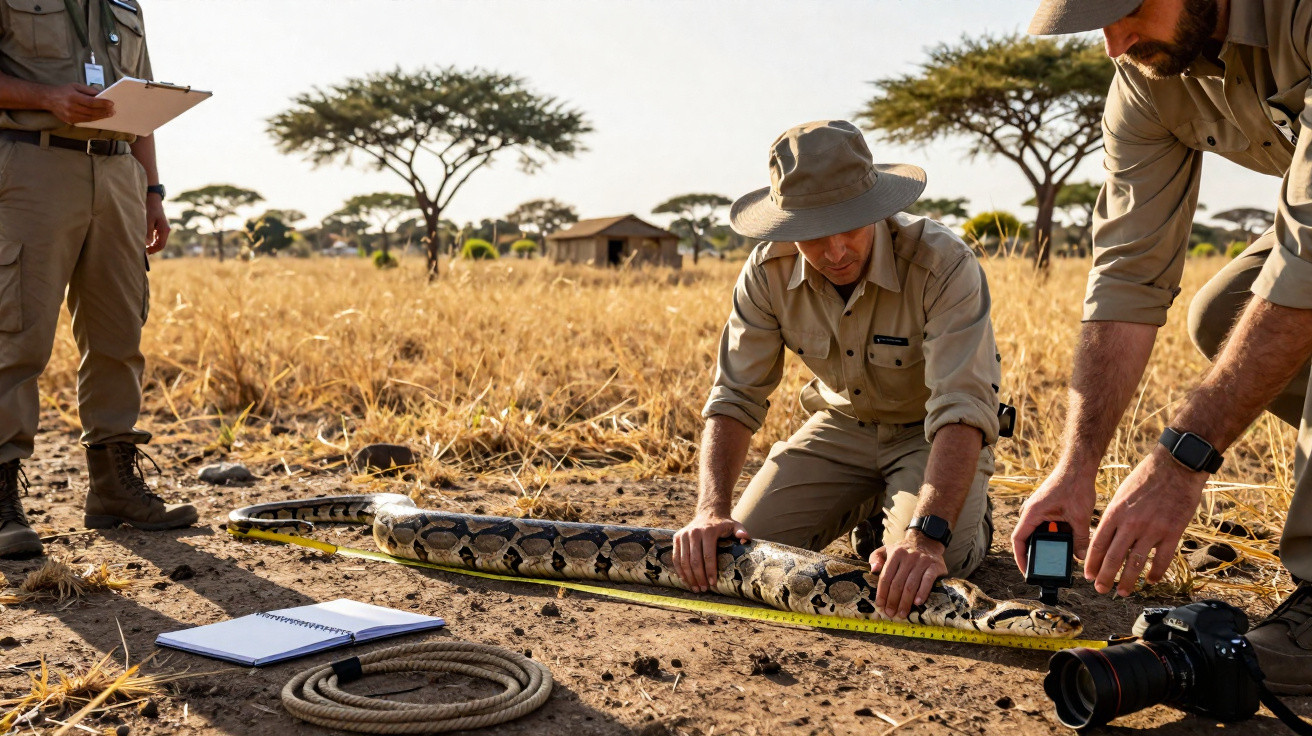 Dois homens medem uma serpente grande em área seca com árvores ao fundo, enquanto outro observa com prancheta.