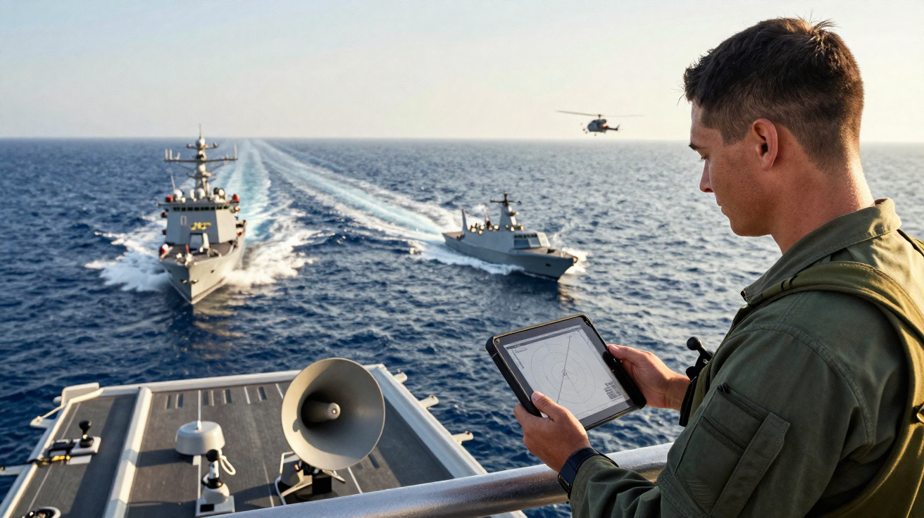 Militar usando tablet observa navios militares e helicóptero no mar durante operação naval.