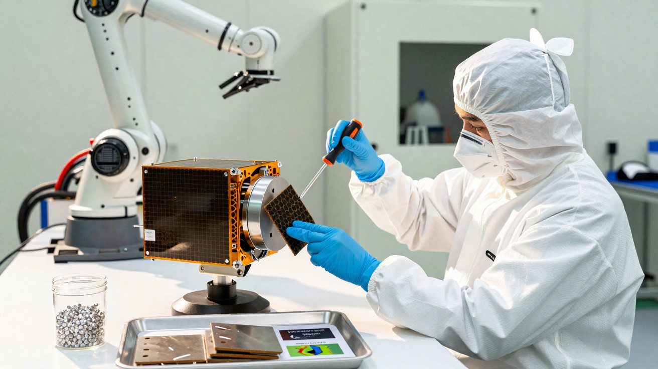 Técnico em roupa de proteção manipula componente eletrônico com ferramenta em laboratório tecnológico.