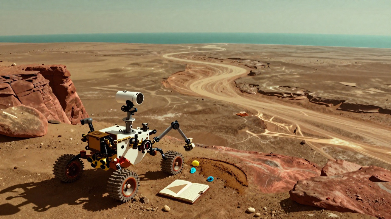 Rover explorando terreno árido com caderno e objetos coloridos próximos em paisagem desértica extensa.