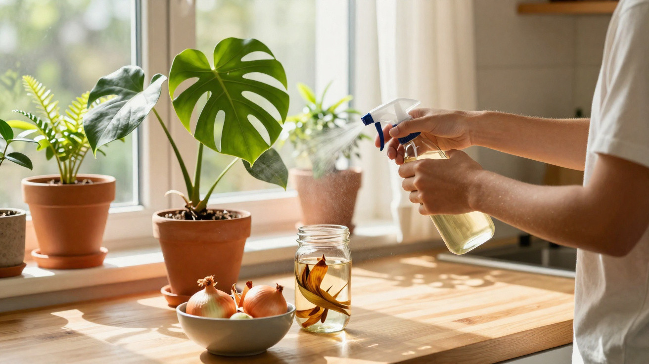 Pessoa borrifando água em plantas domésticas próximas à janela em bancada de madeira.