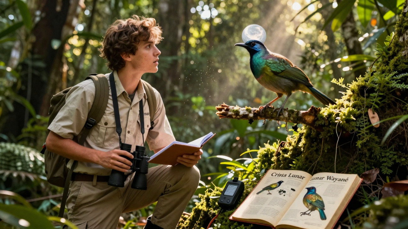Jovem observador com binóculos estuda pássaro colorido em floresta, com livro e equipamento de campo.