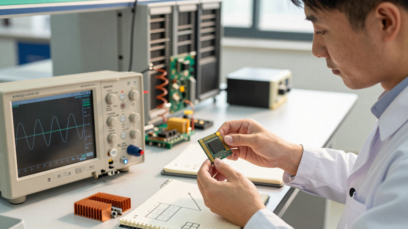 Homem em laboratório segurando chip eletrônico com osciloscópio exibindo onda senoidal ao fundo.