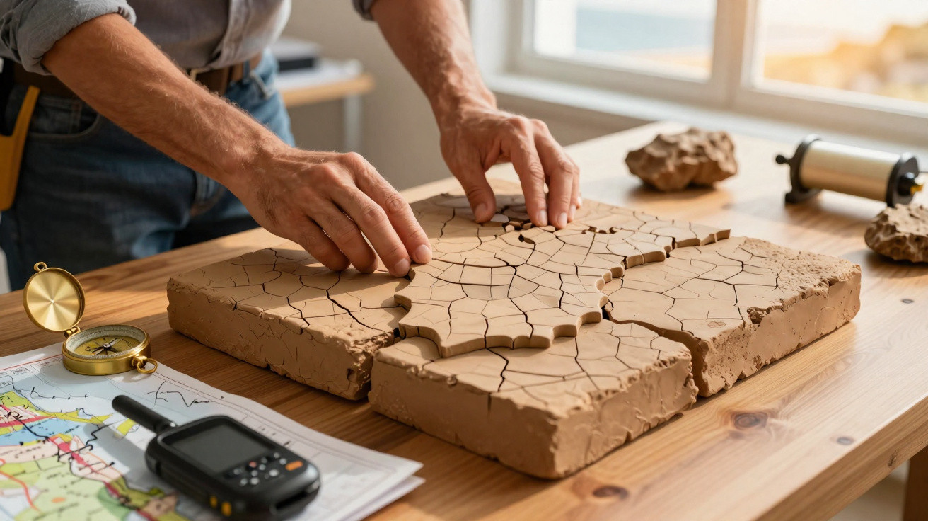 Pessoa montando mapa de argila rachada sobre mesa com bússola, rádio comunicador e mapa de papel.
