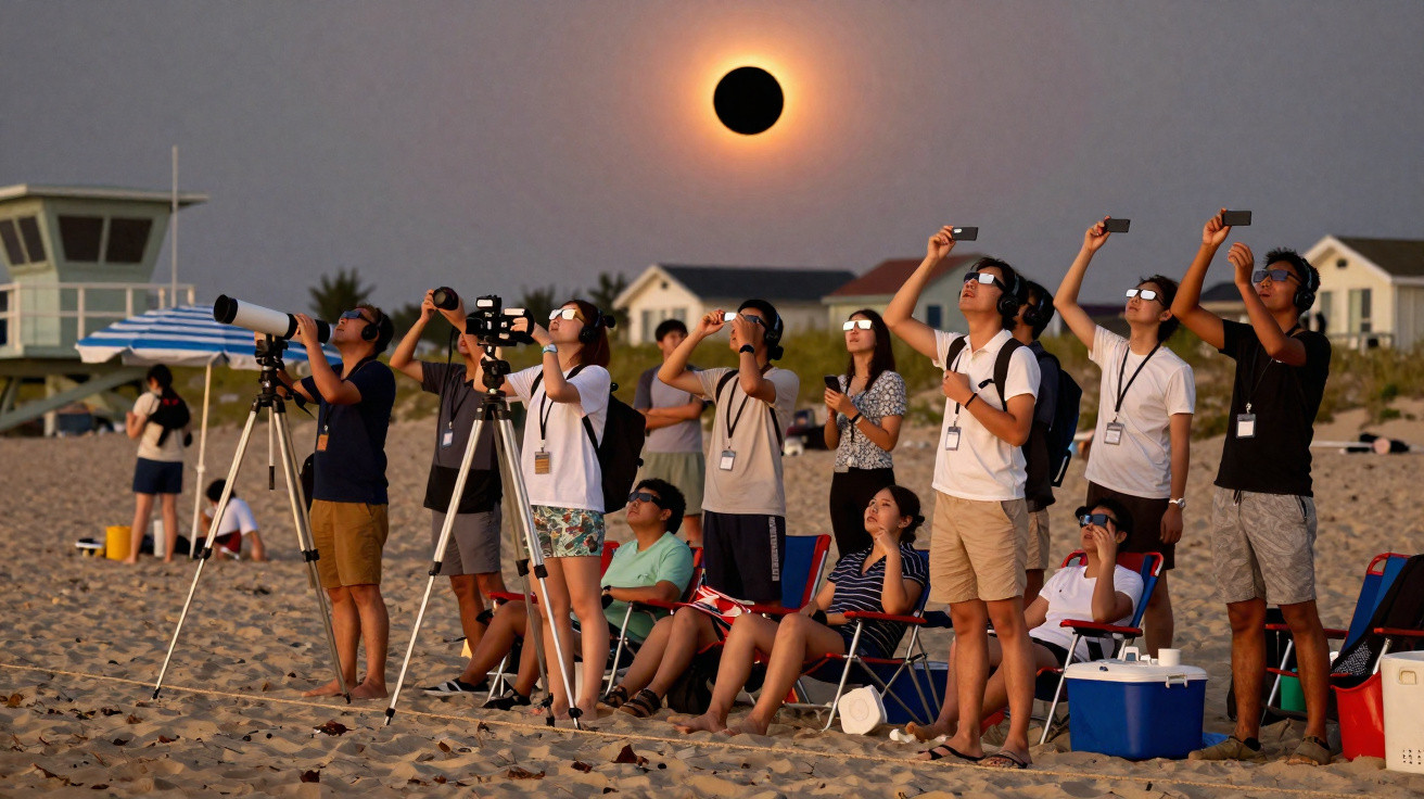 Pessoas na praia observando eclipse solar com telescópios e óculos especiais ao entardecer.