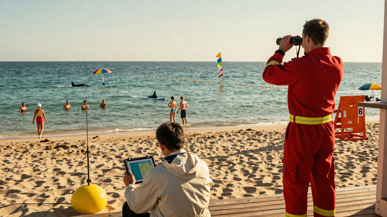 Praia com banhistas, dois golfinhos no mar e um salva-vidas observando com binóculo.