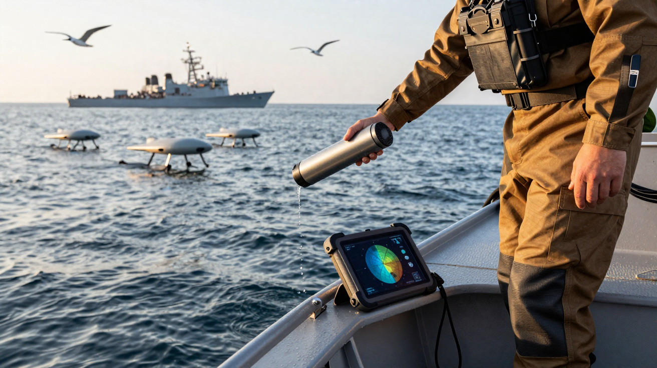 Pessoa em uniforme militar despejando líquido no mar a partir de barco com drone e navio ao fundo.