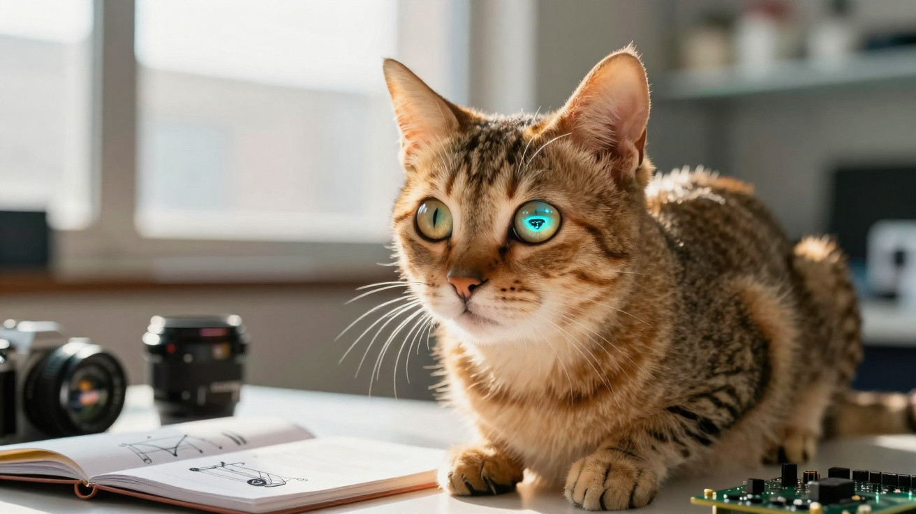 Gato marrom deitado sobre mesa com livro aberto, câmera e peças eletrônicas em fundo desfocado.