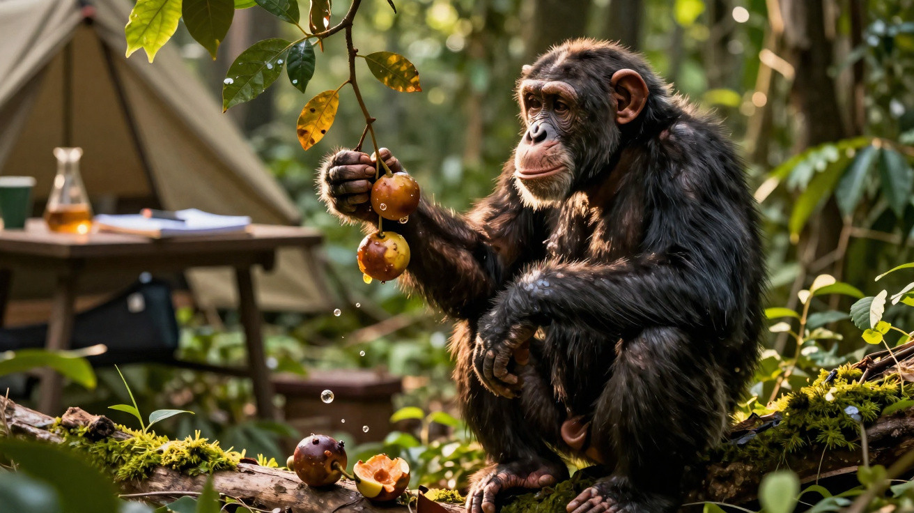 Chimpanzé sentado em tronco segurando frutos em floresta com barraca ao fundo, gotas de água caindo.