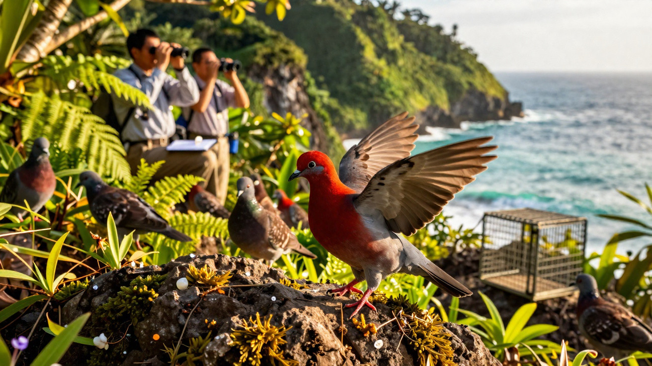 Pássaro vermelho com asas abertas em pedra, pombos ao redor e duas pessoas observando com binóculos na floresta perto do mar.