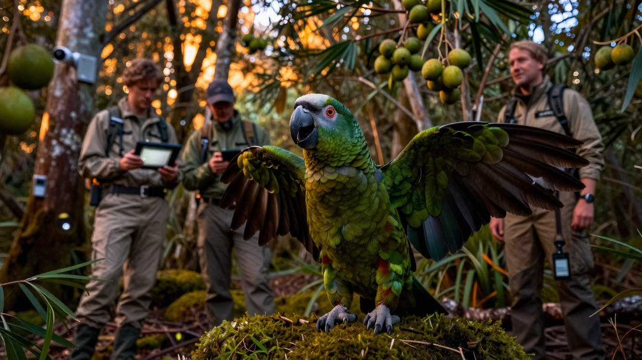 Papagaio verde com asas abertas em primeiro plano, três pesquisadores observando em floresta.