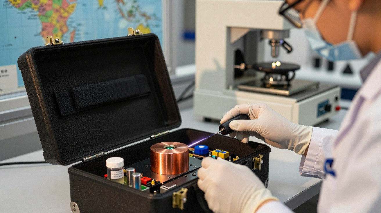 Pessoa com jaleco e luvas manuseia equipamento científico em maleta com microscópio ao fundo.