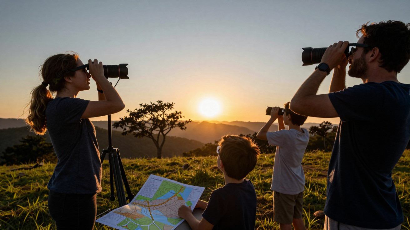 Família observa o pôr do sol em área de campo, usando binóculos e segurando um mapa.