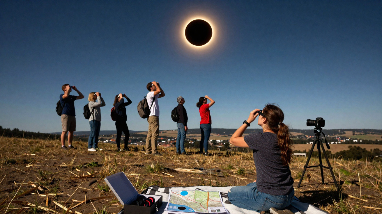 Grupo de pessoas observando eclipse solar com equipamentos em campo aberto durante dia claro.