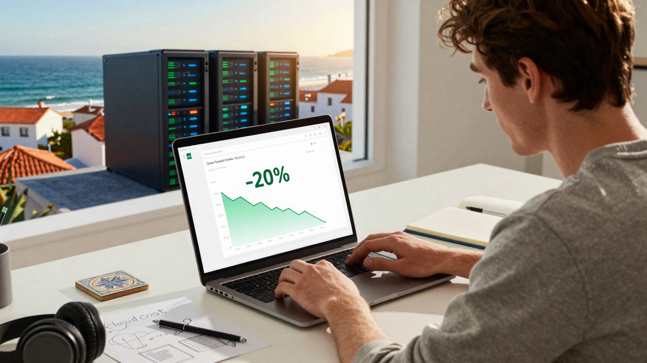 Homem trabalhando em laptop com gráfico de queda de 20% e servidores ao fundo próximo ao mar.