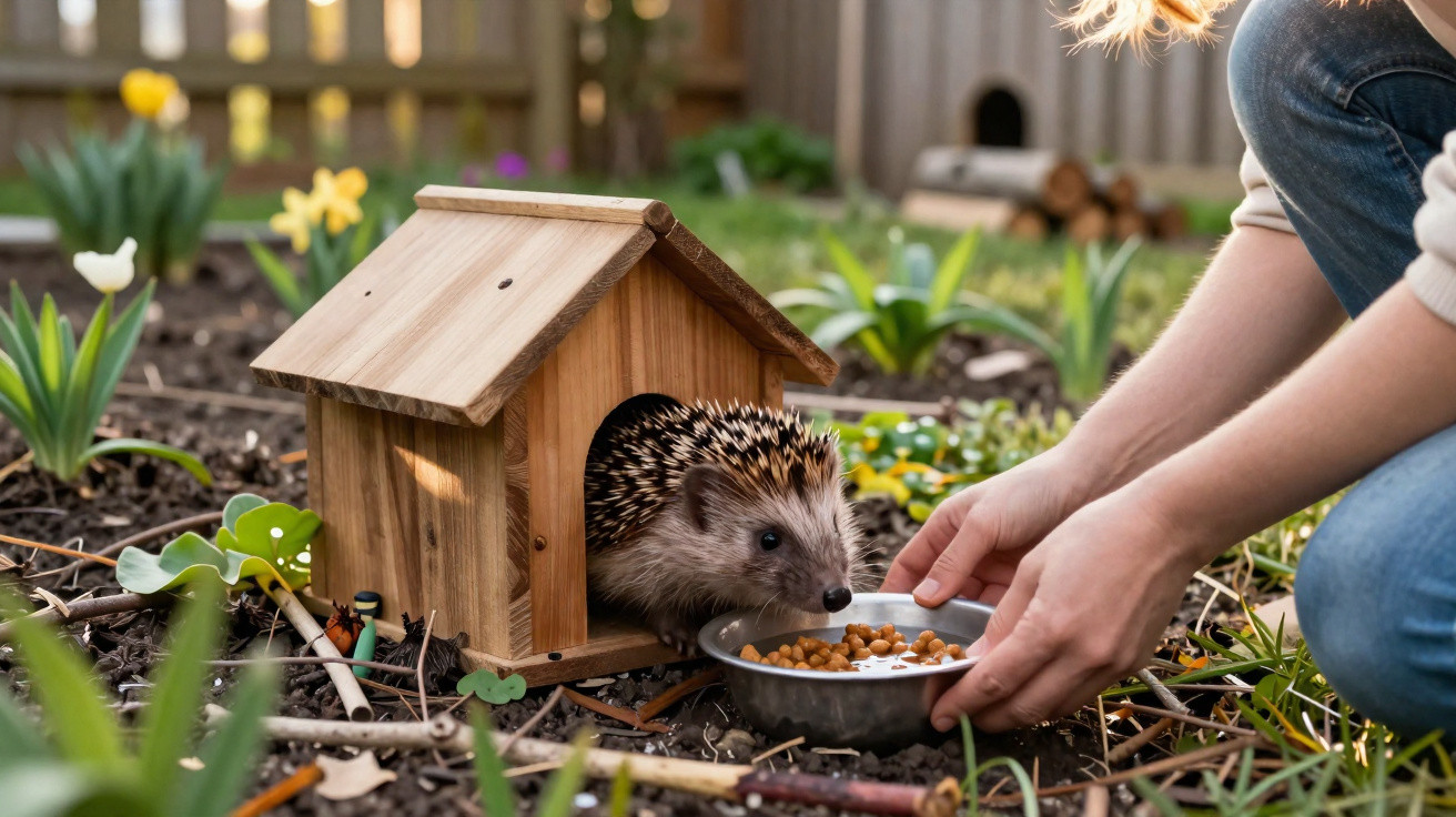 Porco-espinho saindo de casinha de madeira enquanto pessoa oferece comida em prato no jardim.