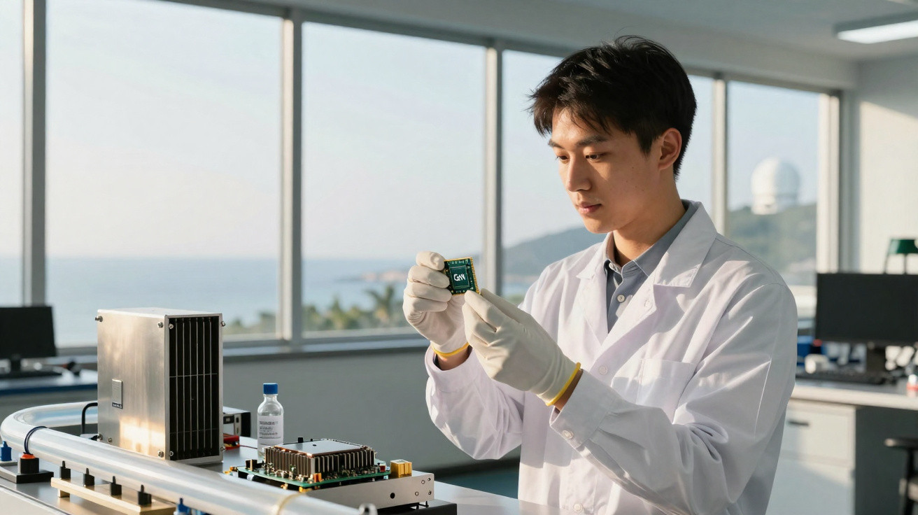 Cientista em laboratório com jaleco e luvas observa componente eletrônico perto de equipamentos.