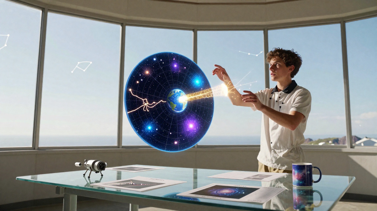 Jovem interage com projeção holográfica do sistema solar em sala com vista panorâmica para o mar.