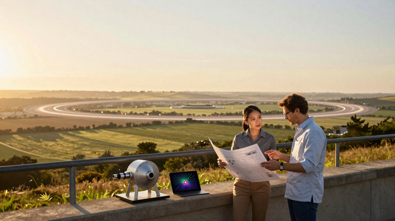 Dois cientistas discutem projetos ao ar livre com equipamento científico e laptop, com paisagem rural ao fundo.