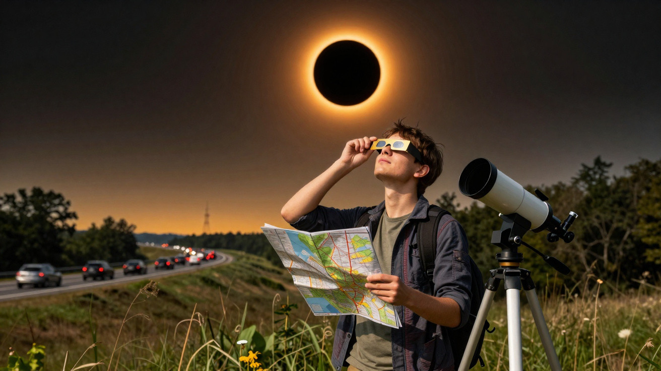 Homem com óculos especiais observa eclipse solar total ao ar livre, segurando mapa e com telescópio ao lado.