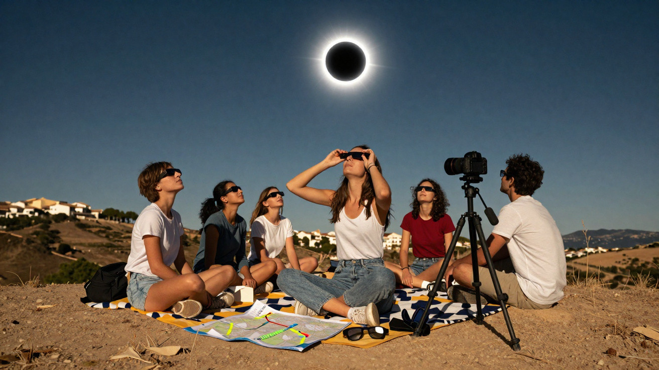 Seis pessoas usando óculos de proteção observam eclipse solar total ao ar livre em área seca com câmera em tripé.