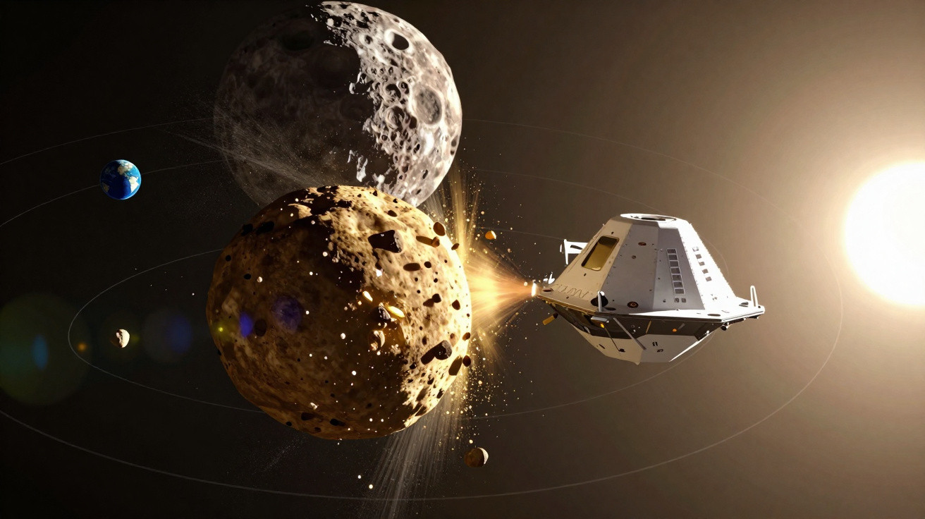 Sonda espacial colidindo com asteroide em órbita próxima à Terra com a Lua e o Sol ao fundo.