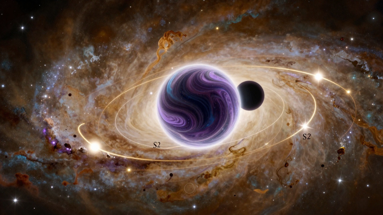 Planeta roxo com textura ondulada e satélite, orbitando em meio a nuvens cósmicas e estrelas brilhantes.