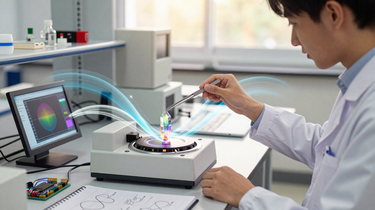 Cientista em laboratório usando pinça para colocar prisma em aparelho com gráficos coloridos na tela do computador.
