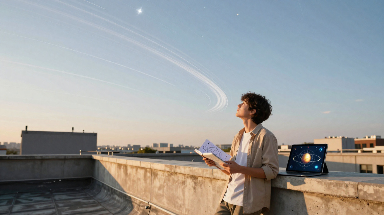 Jovem observa o céu com anéis de Saturno ao lado de tablet exibindo sistema solar no teto de edifício.