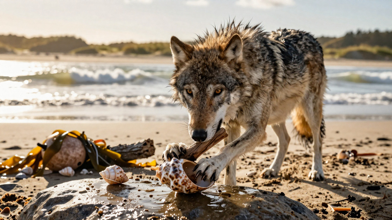 Lobo na praia segurando um pedaço de madeira entre conchas marinhas sobre uma rocha molhada.