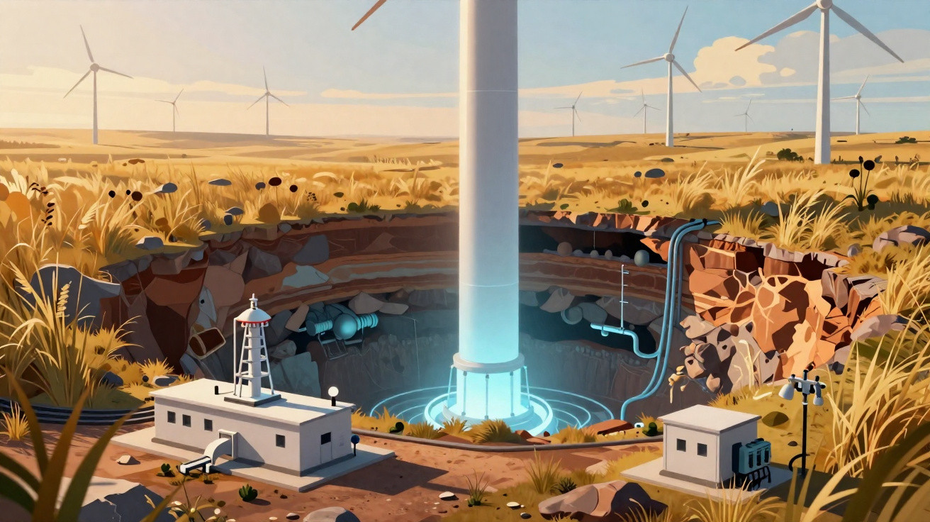 Campo de turbinas eólicas e uma base subterrânea tecnológica com edifícios em terreno árido e gramíneas.