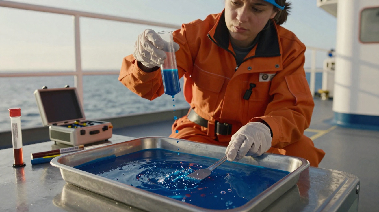 Pesquisadora em proteção química coleta amostra de água azul no convés de um navio com equipamento científico.