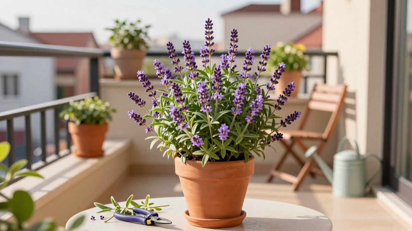 Vaso de flores de lavanda roxa em mesa branca na varanda com cadeira e regador ao fundo.