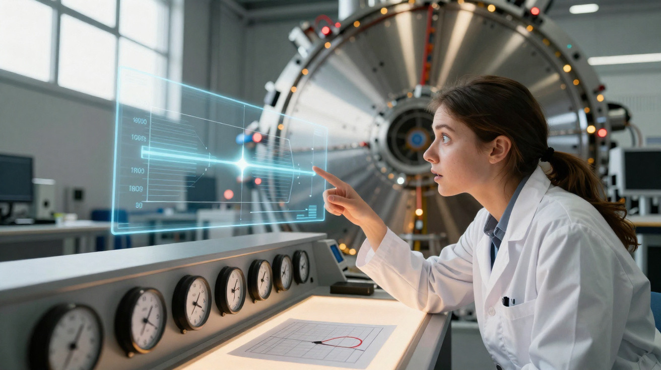 Mulher cientista em laboratório com jaleco, interagindo com interface holográfica futurista e equipamentos científicos.