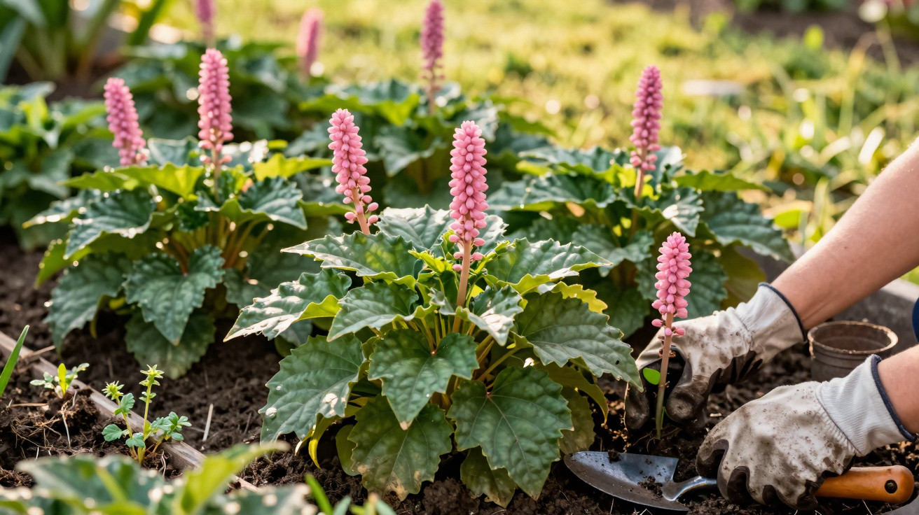 Mãos com luvas plantando flores rosa em canteiro de terra em jardim ensolarado.