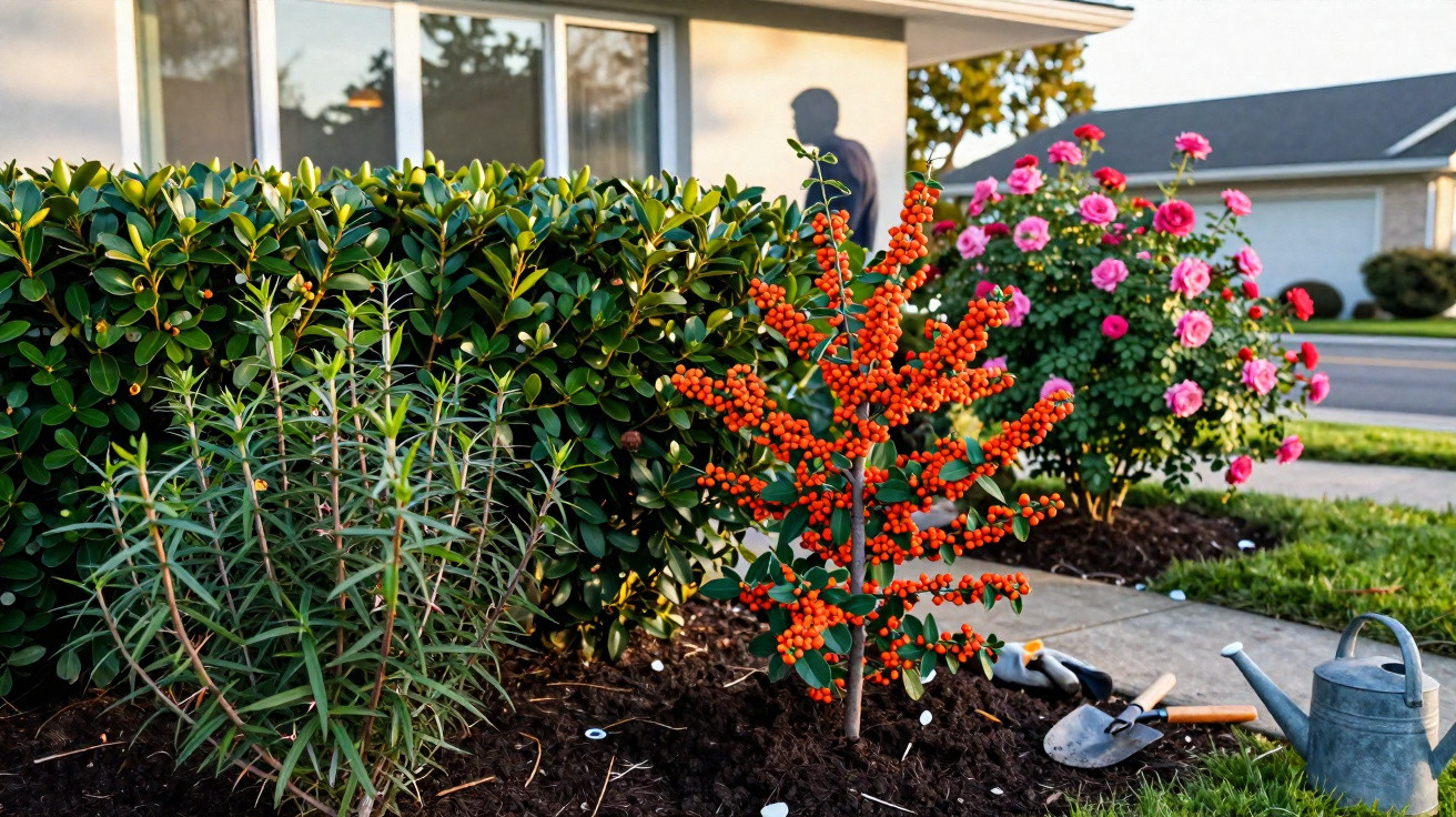 Jardim com arbustos floridos, planta com bagas laranjas, ferramentas de jardinagem e regador ao lado da calçada.