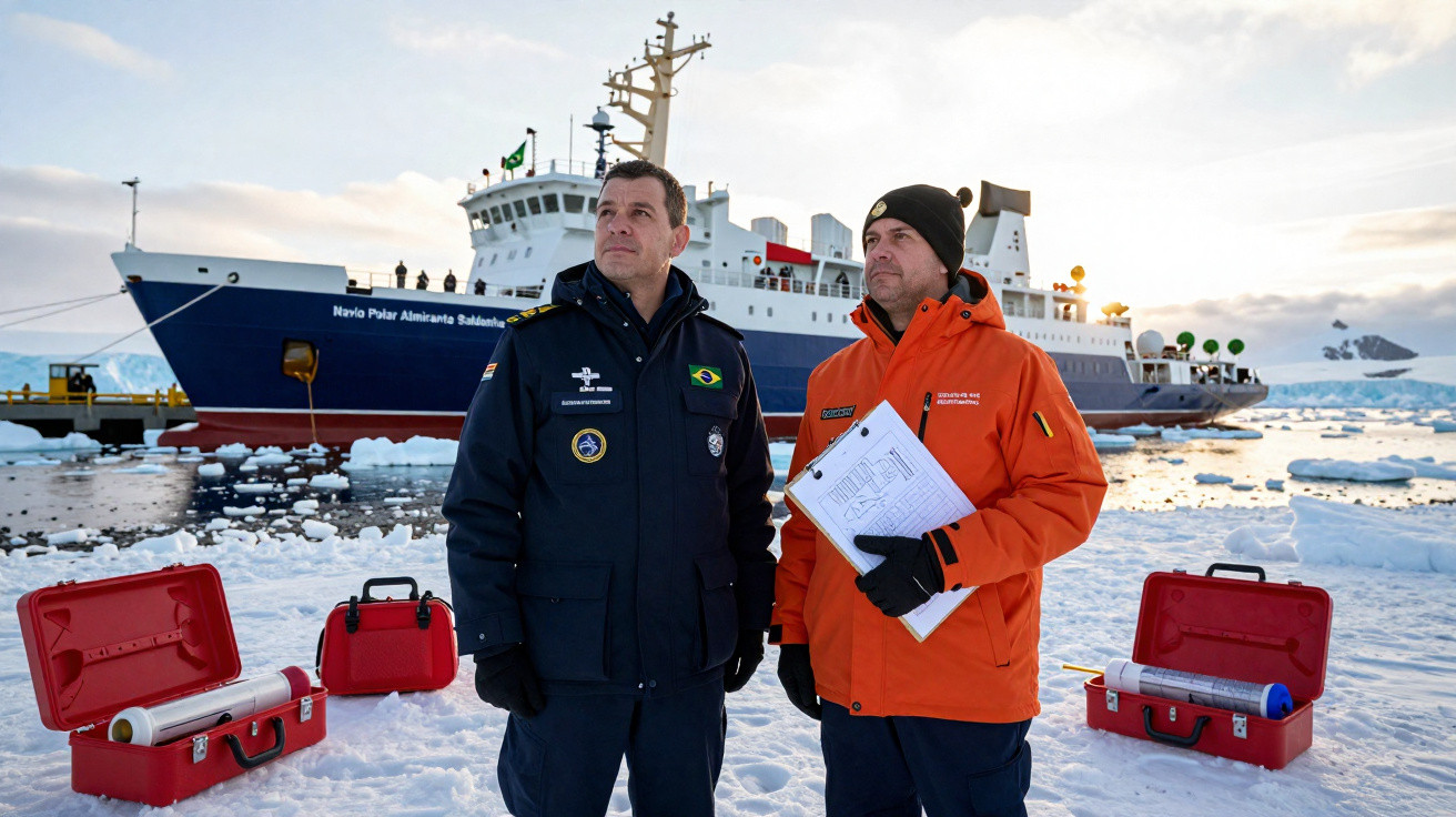Dois homens em roupas de frio em frente ao navio polar Almirante Saldanha em ambiente gelado com gelo e caixas vermelhas.