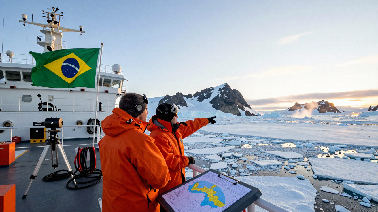 Duas pessoas com roupas laranja observam a paisagem gelada da Antártida em um navio com a bandeira do Brasil.