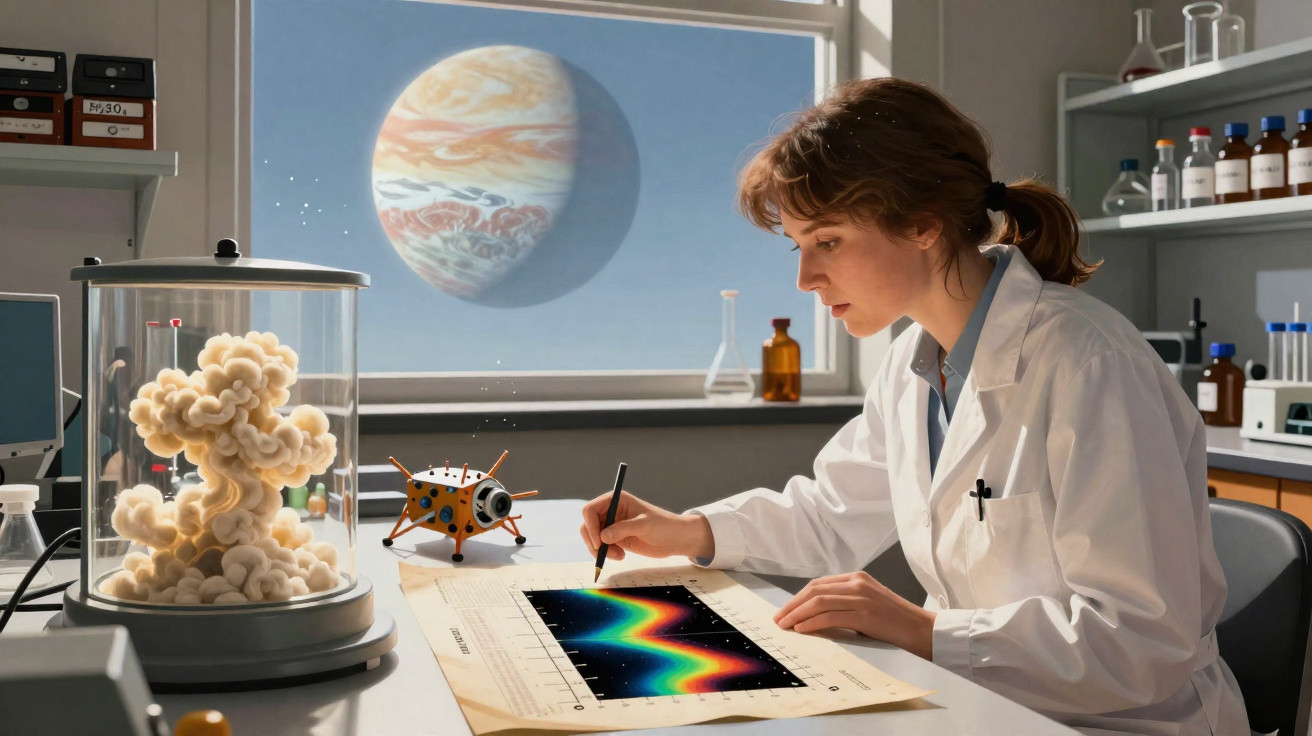 Cientista em laboratório escrevendo em gráfico de ondas coloridas com planeta gigante visível pela janela.
