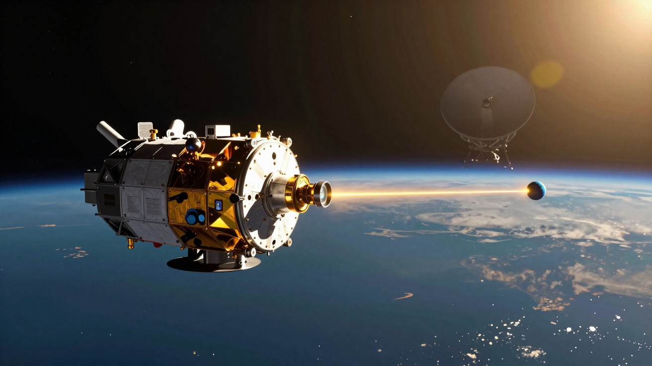 Nave espacial com luz saindo de seu motor e planeta azul ao fundo vista do espaço sideral.