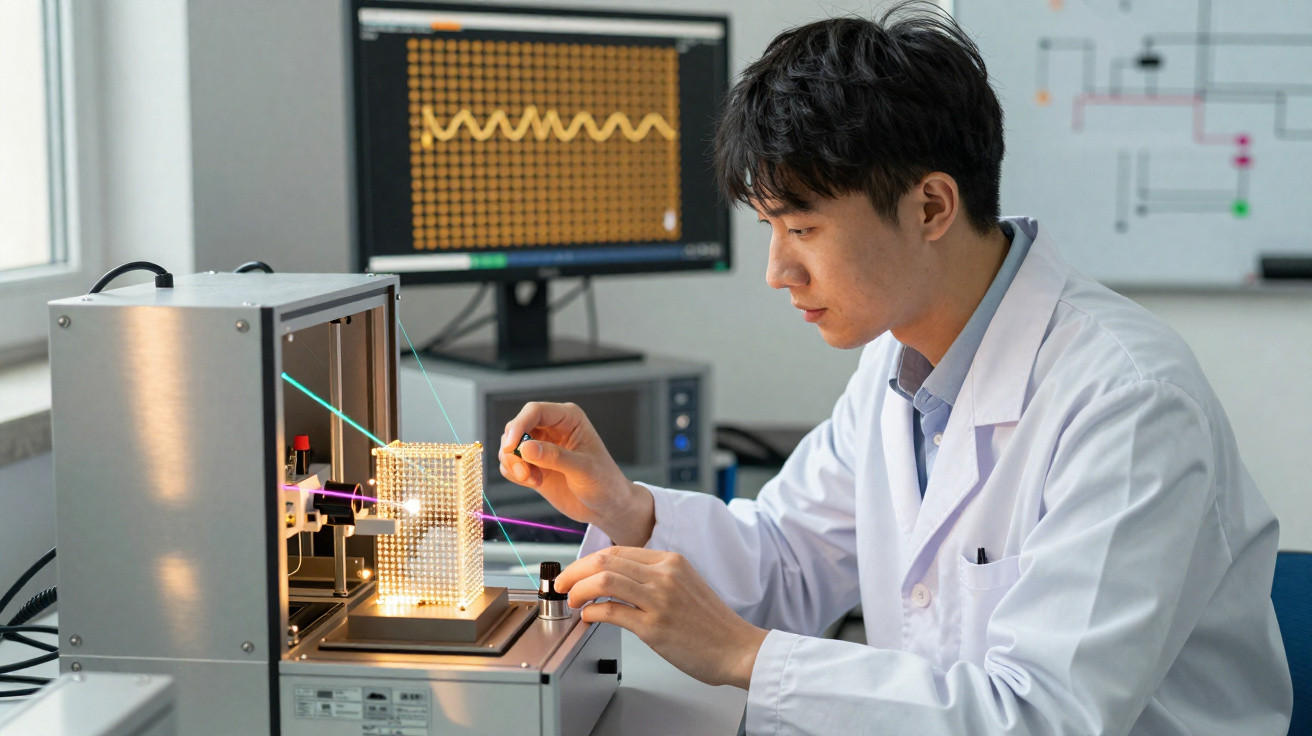 Cientista com jaleco ajusta equipamento em laboratório com painel digital ao fundo e fibras ópticas coloridas.