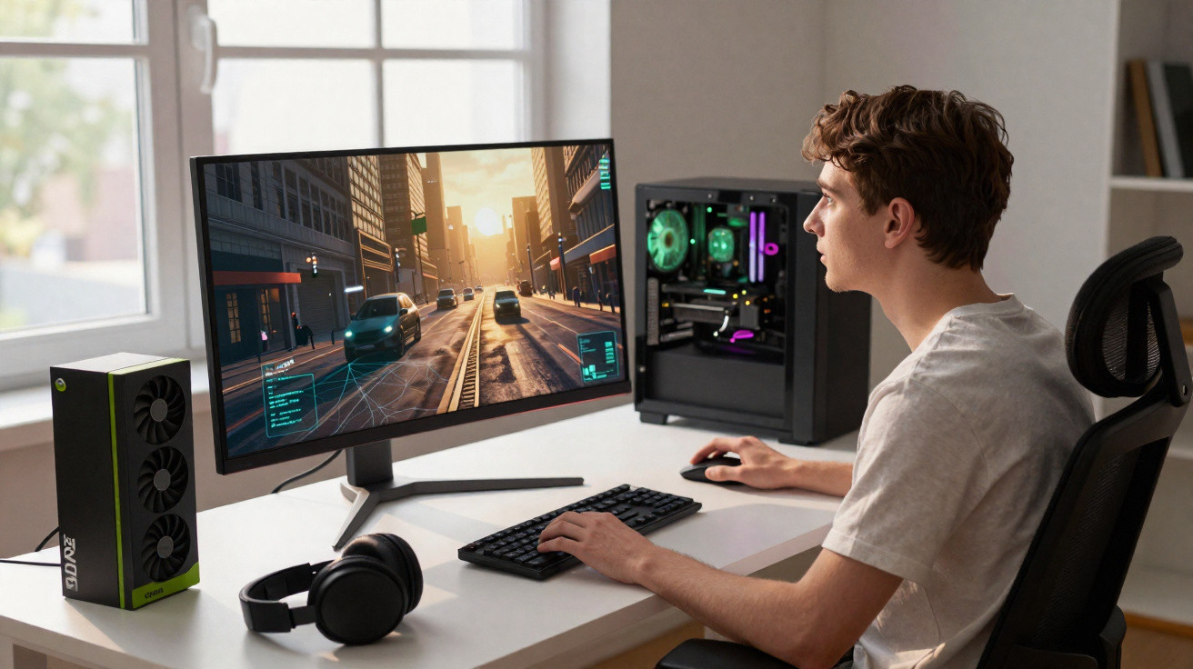 Jovem sentado em cadeira jogando videogame com monitor ultrawide e computador gamer na mesa branca.