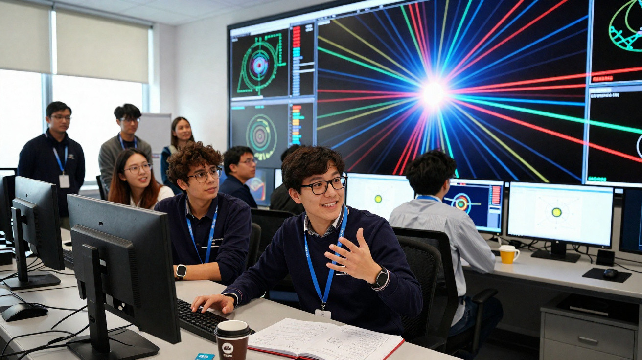Grupo de jovens estudantes analisando dados em computadores em sala moderna com tela colorida grande.