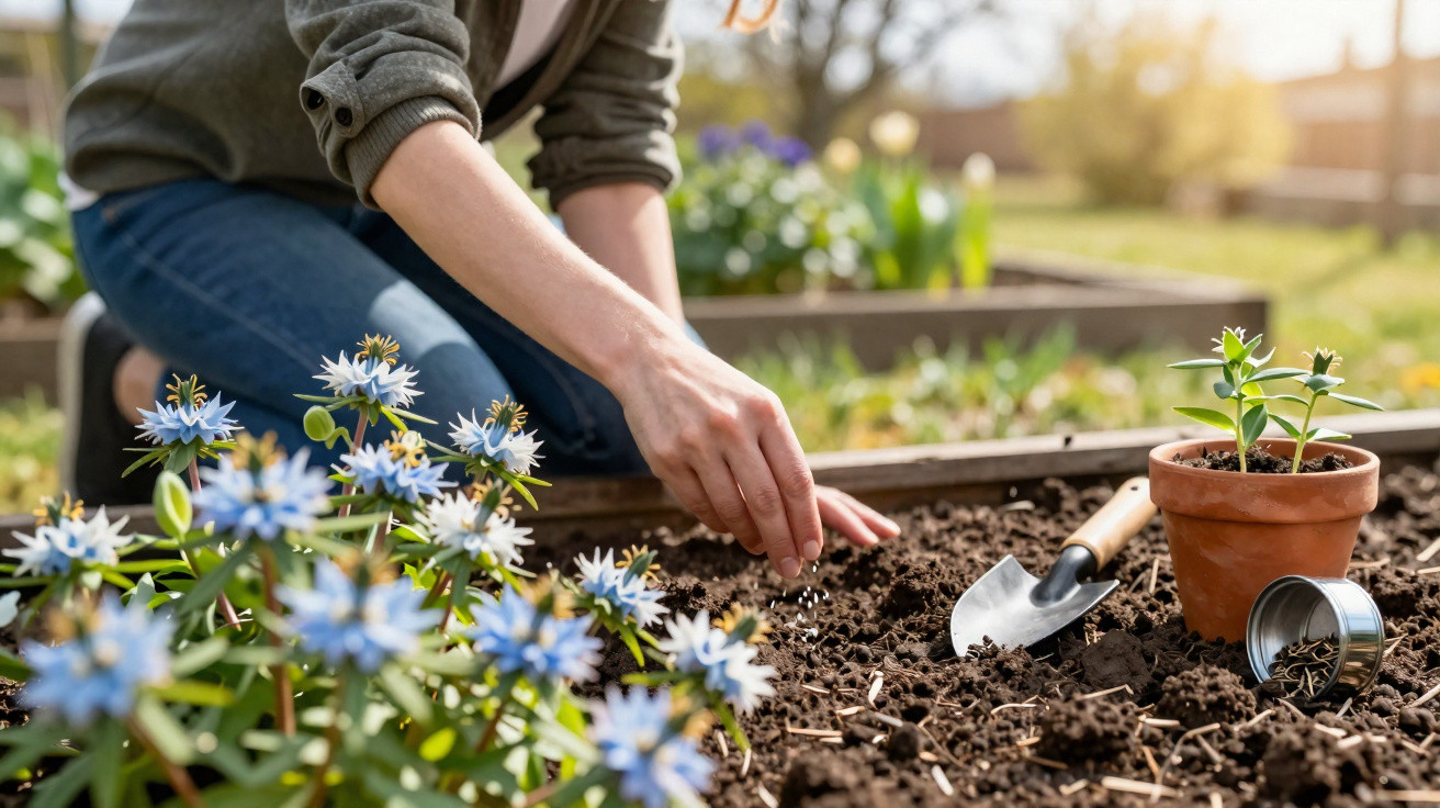Pessoa sem rosto plantando sementes em canteiro de terra com flores azuis próximas em jardim ao sol.