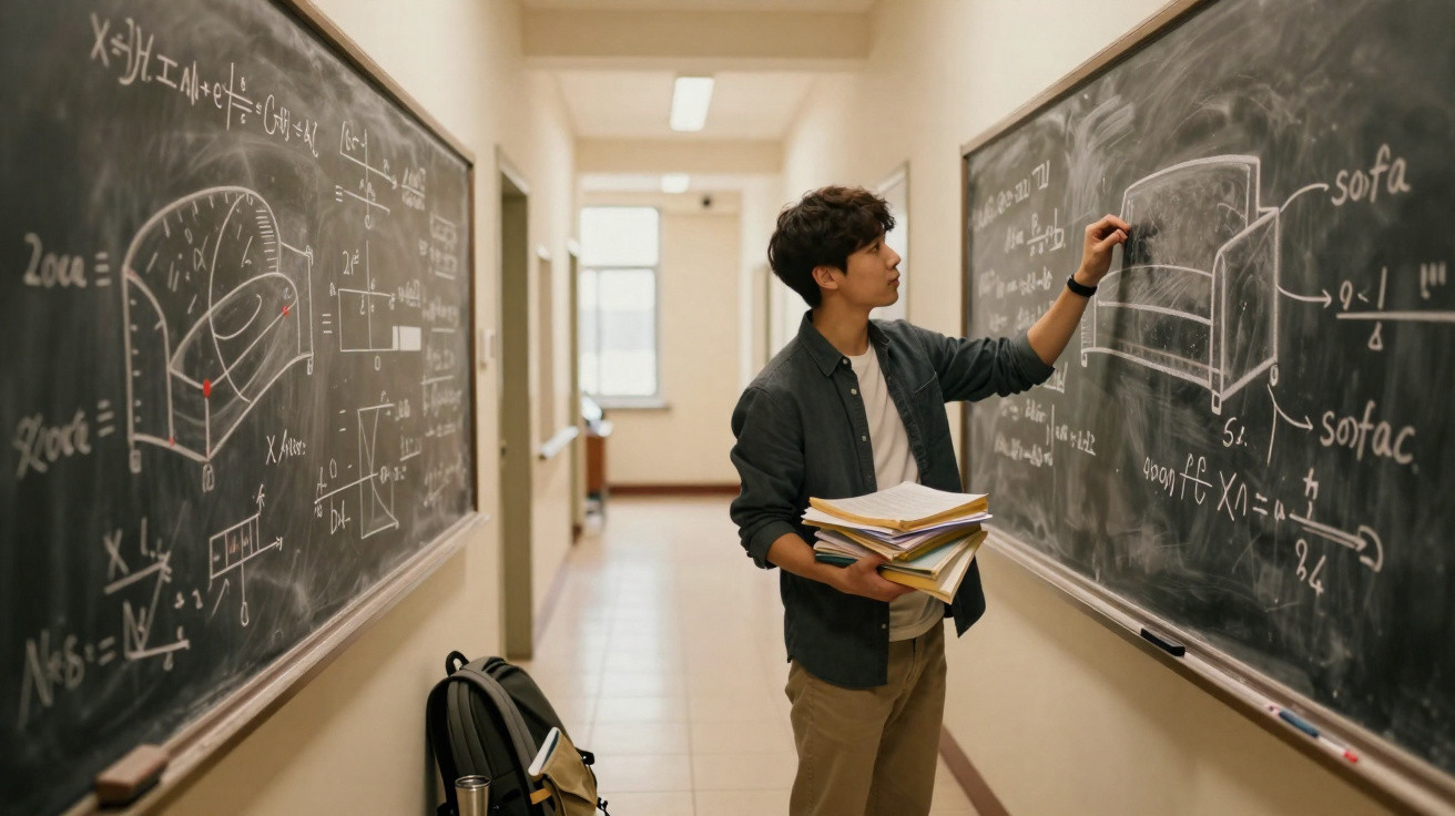 Estudante escrevendo fórmulas e desenho de sofá em quadro negro de corredor escolar.