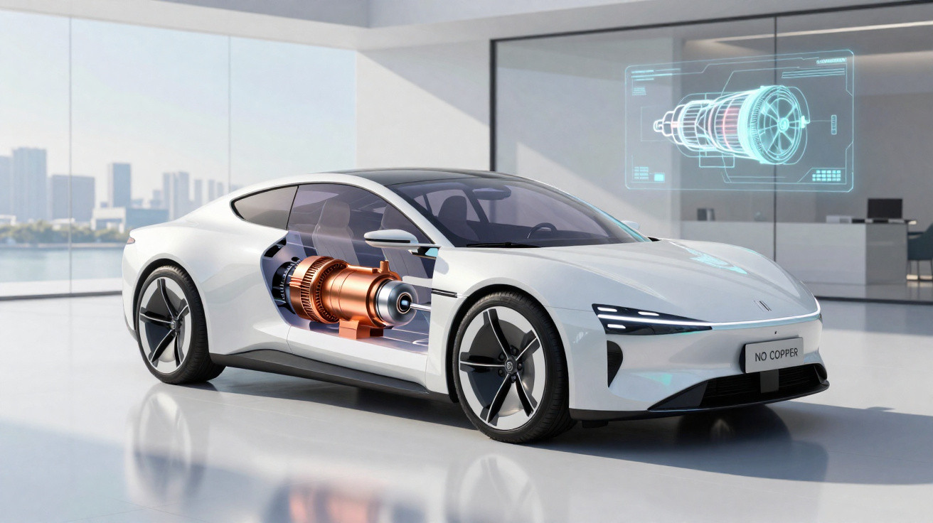 Carro branco futurista com motor interno visível e projeção holográfica do motor em ambiente moderno.