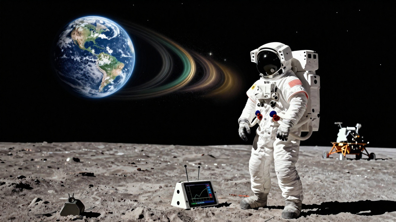 Astronauta na superfície lunar com Terra e anéis futurísticos ao fundo.
