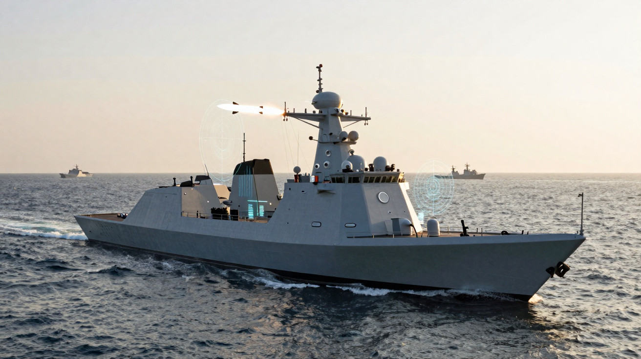Navio de guerra moderno disparando míssil no mar com outros navios ao fundo ao pôr do sol.